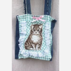 Kitten Tote Bag- Cottagecore/ Grandmacore, Gingham & Lace